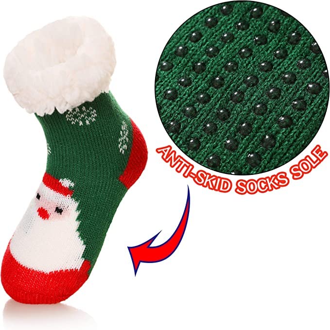 El Regalo 1 Pair Thermal Fluffy Socks for Kids- Girls/Boys - Soft Warm Fleece Lining Knitting Non-Slip Winter Slipper Socks - Christmas Santa, Heart & Giraffe (Green Christmas Socks, 3-6 Years)