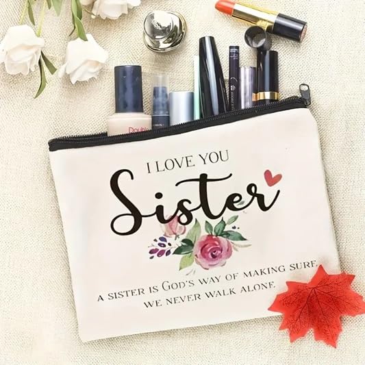El Regalo 1PC 'I Love You Sister' OR Sisters Forever Friends Printed Makeup Pouch, Portable Travel Toiletry Bag, Multipurpose Zippered Organizer Bag (I Love You Sister)