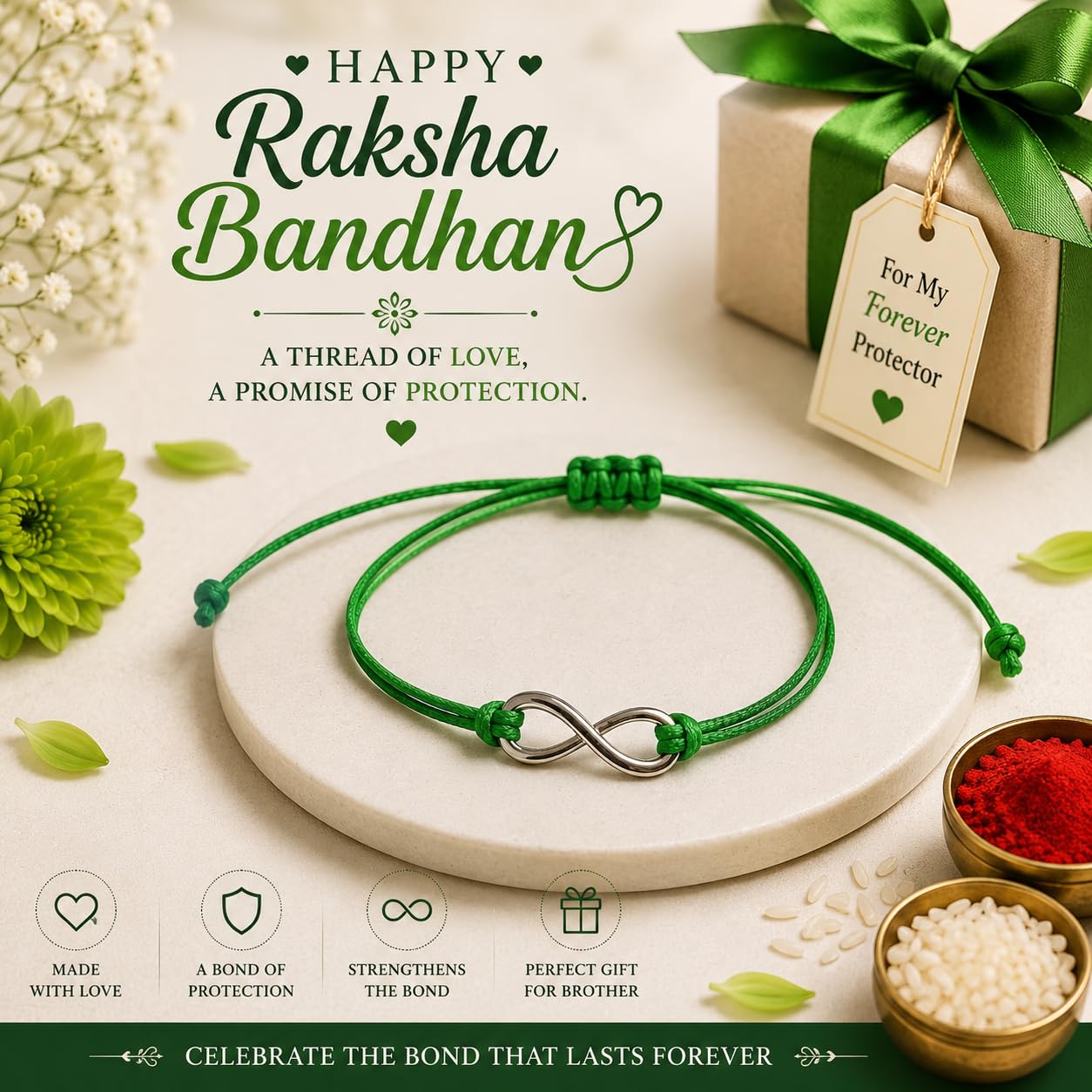 El Regalo 1PC Minimalist Infinity Rakhi for Brother- Simple Infinity Rakhi with Roli Chawal, Rakhi Message Card in Rakhi Gift box for Brother (Green)
