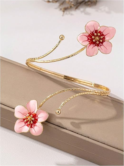 El Regalo Floral Enamel Armlet/Bajuband for Women & Girls - Adjustable Gold-Plated Upper Arm Cuff Bracelet | Bohemian Armlet for Weddings, Festivals & Dance Performances (Pink)
