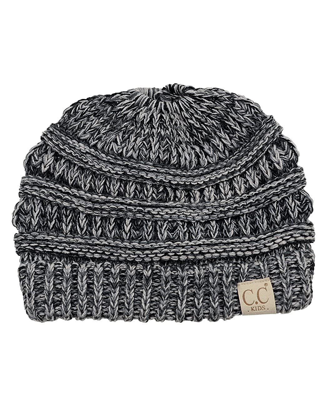 El Regalo Kids' Winter Ponytail Beanie - Messy Bun Ribbed Hat Cap for Girls (2 to 13 Years) - Multi Color Skull Cap With Tail (3 Tone Grey Shades)