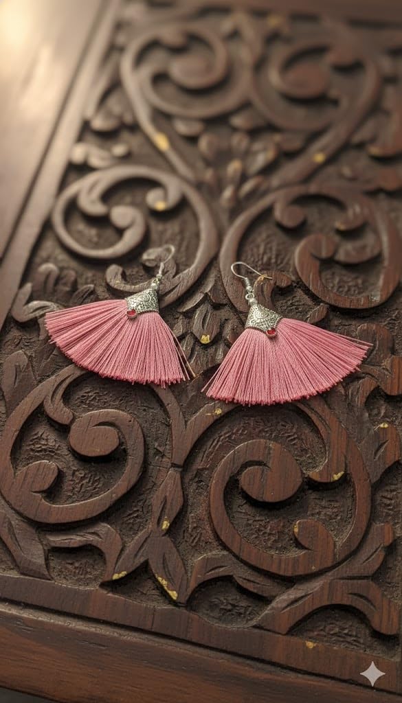 El Regalo Tribal Boho Tassel Earrings for Women & Girls | Oxidised Silver Finished Silk Thread Dangle & Drop Earrings | Handcrafted Bohemian Statement Jewellery for Ethnic, Western & Fusion Clothes (Pink)