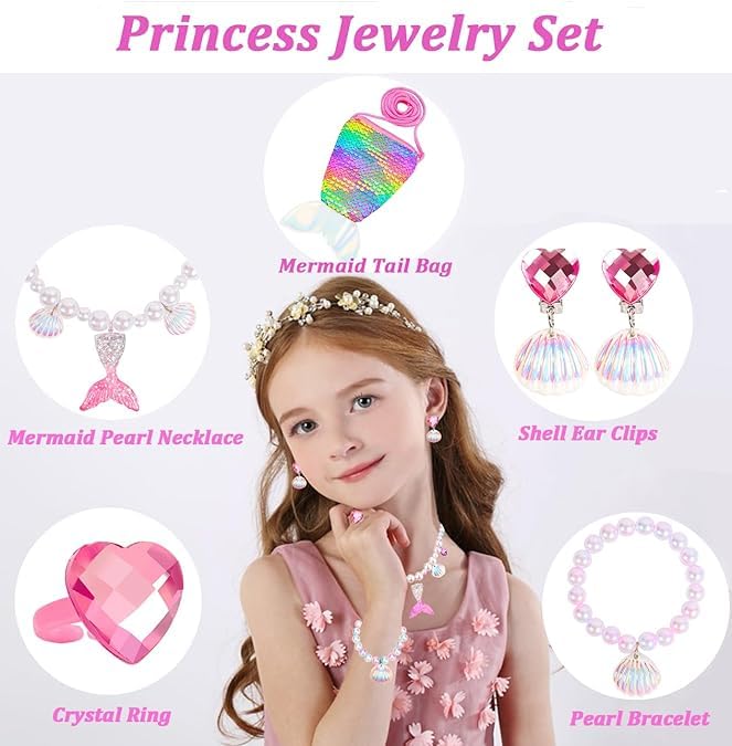 El Regalo Mermaid Jewelry for Girls,Toddler Mermaid Accessories for Kids Mermaid Necklace for Girls Mermaid Jewelry Set with Mermaid Purse Costume Jewelry (Pink)