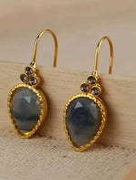 El Regalo Elegant Vintage-Inspired Geometric Earrings for Women - Gold-Tone Square Earrings with Green Glass Stone & Imitation Pearl Drops - Festive & Party Jewelry (Grey Drop)