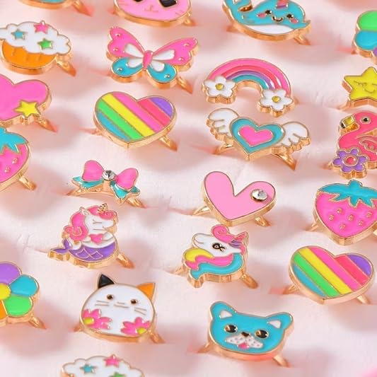 El Regalo 36 Pcs Adjustable Enamel Kids Rings - Unicorn, Rainbow, Strawberry, Flowers & More | No-Duplicate Dress-Up Jewelry Box for 4-12 Year Old Girls - Birthday, Christmas, Valentines (Style-2)