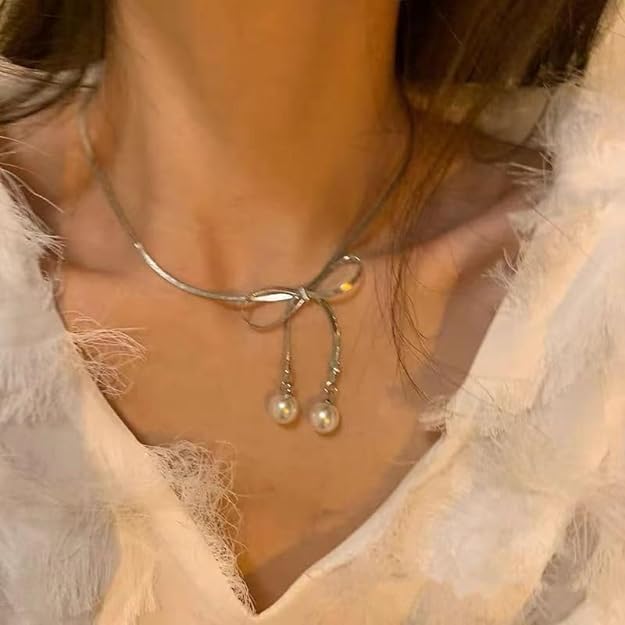 El Regalo Stainless Steel Bow Tie Pearl Necklace- Anti Tarnish, Waterproof, Minimalist, Statement Bow Choker Ribbon Necklace for Girls & Women (Bow Tie Pearl Tassel)