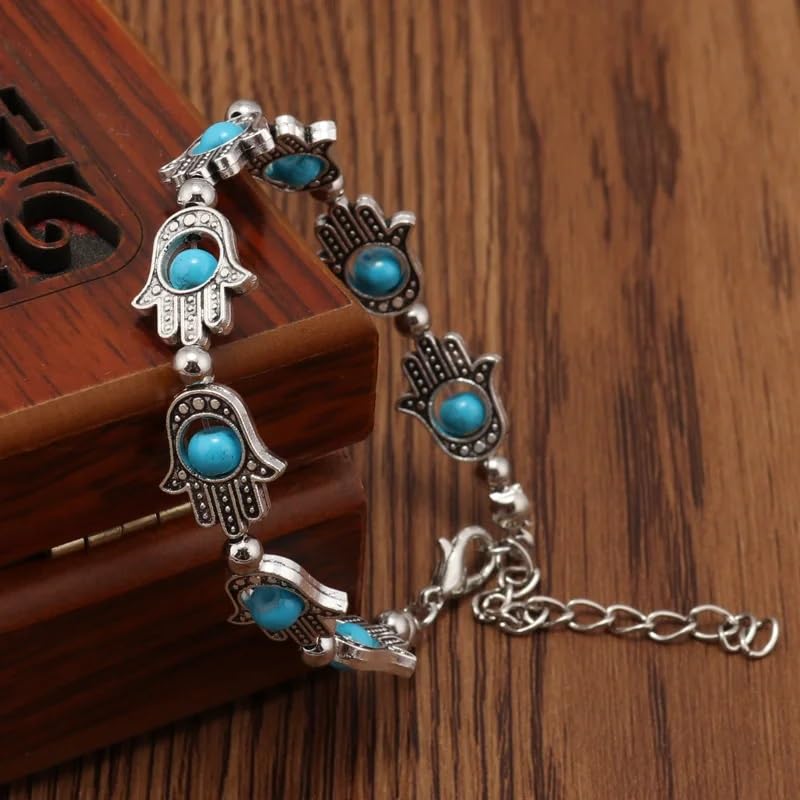 El Regalo Evil Eye Hamsa Hand Turquoise Green Beads Bracelet for Girls & Women- Antique Finish Hamsa Hand Sleek Bracelet (Turquoise Green Beads)