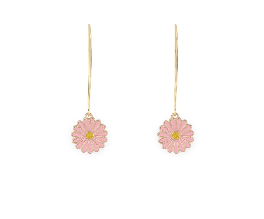 El Regalo Beautiful Enamel Flowers Long Hook Earrings for Women/Girls - Delicate Cute Flowers Charms Hook Earrings (Pink Flower)