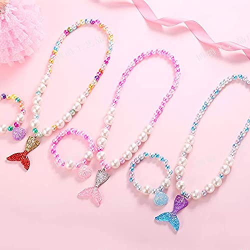 El Regalo 2 PCs Girls Kids Mermaid Princess Necklace & Bracelet Set with Colorful Mermaid Shiny Beads Bow Kids Stretchy Costume Jewelry Gift Party Favors Dress up Jewelry for Girls (Pink Mermaid Set)