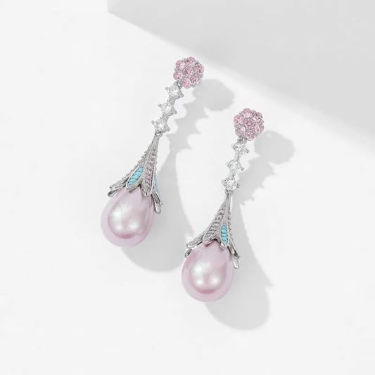 El Regalo Vintage Elegant Palace Style Luxury Pearl CZ Earrings for Women - Shiny Pink Zirconia Bridal Wedding Party Jewelry