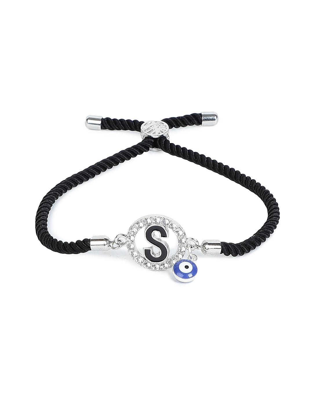 El Regalo Name Initials Evil Eye Bracelet Rakhi for Brother- Name Letter CZ Rakhi with Roli Chawal, Message Card in Rakshabandhan Box for Bhai (Black-S)