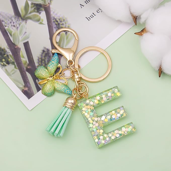 El Regalo Personalized Name Initials Butterfly Charm Keychain - Name Letters Keyring with Green Butterfly & Stars Filled Resin & Tassel Pendant, Purse, Bag, Backpack Accessory (Letter E)