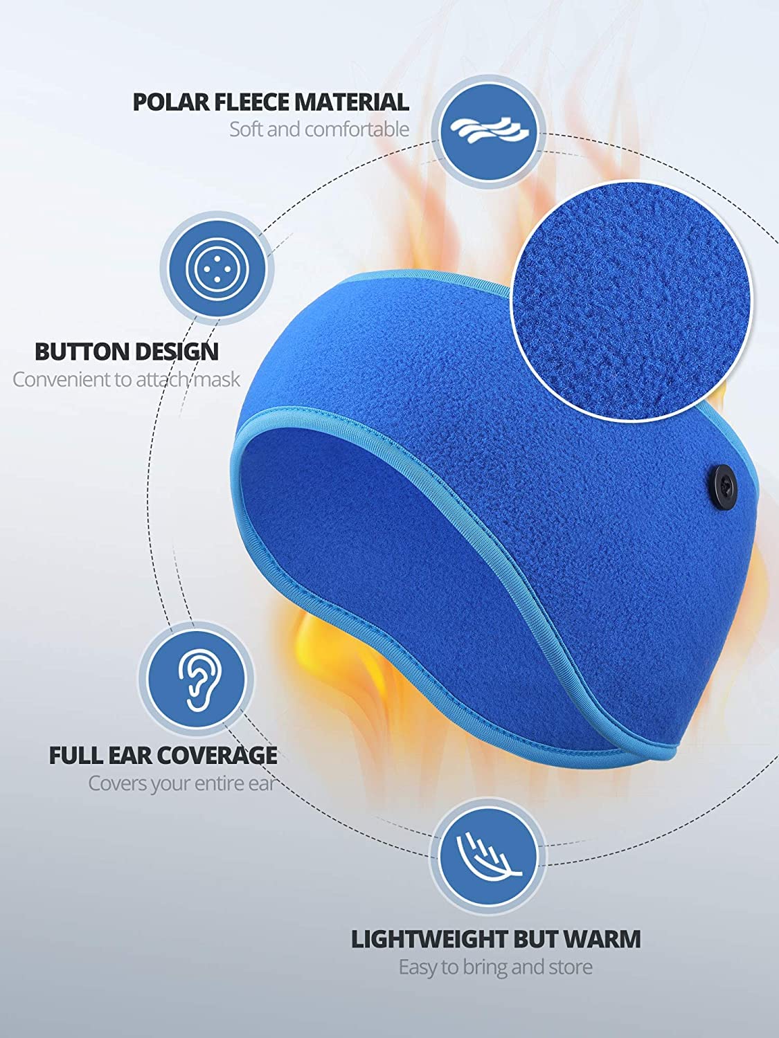 El Regalo 2 Pcs Winter Fleece Ear Warmers Headband With Buttons For Facemask - Winter Ear Muffs For Unisex Boys & Girls In Cold Weather, Running Yoga Skiing Riding Bike Ear Cover (Neon Blue & Black)