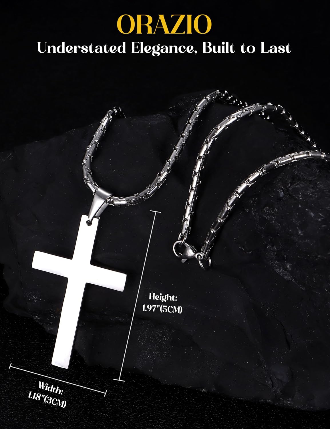 ORAZIO 3MM Stainless Steel Chain Cross Pendant Necklace for Men Silver Tone 30 Inches
