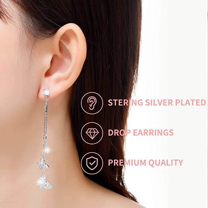 El Regalo Crystal Butterfly Drop Dangle Tassel Earrings for Women & Girls- Long Tassel Butterfly Earrings (White Butterfly Earrings)