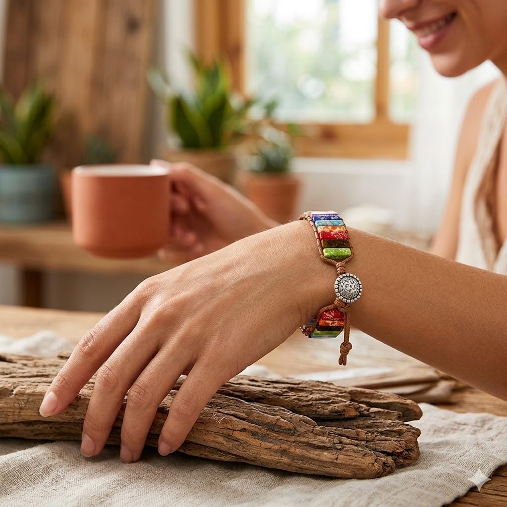 El Regalo Tibetan 7 Chakra Stone Bracelet Natural Assorted Gemstone Tube Beaded Braided Bracelet (Round)