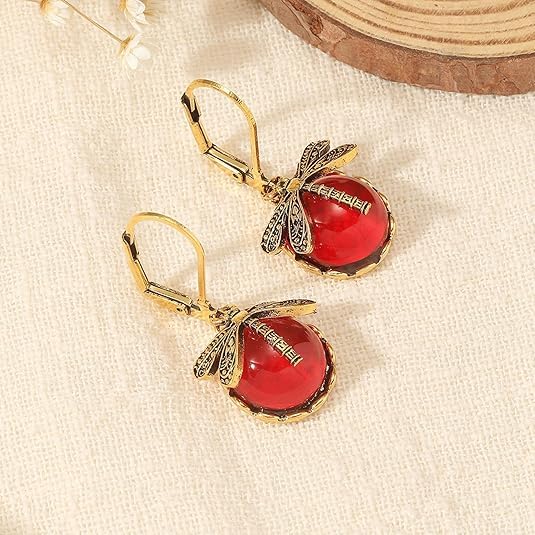 El Regalo Bohemian Vintage Dragonfly Crystal Earrings- Victorian Moonstones Dragonfly Vintage Carved Earrings for Women/Girls (Merlot Red)