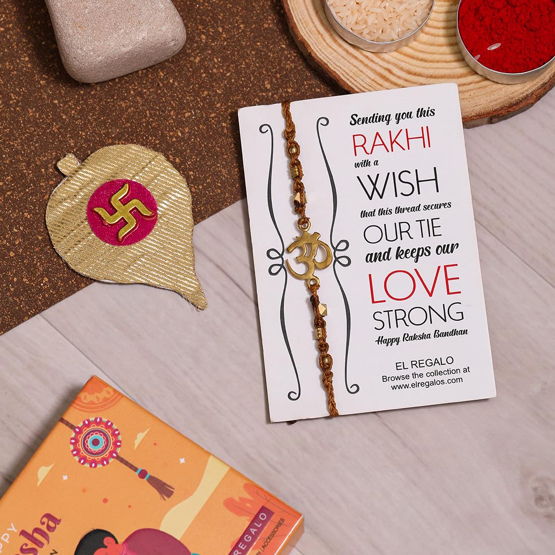 El Regalo Auspicious OM Rakhi Brother- Designer Hand Braided OM Bracelet Rakhi with Roli Chawal Shagun, Message Card in Rakhi Gift Box (Golden Brown)