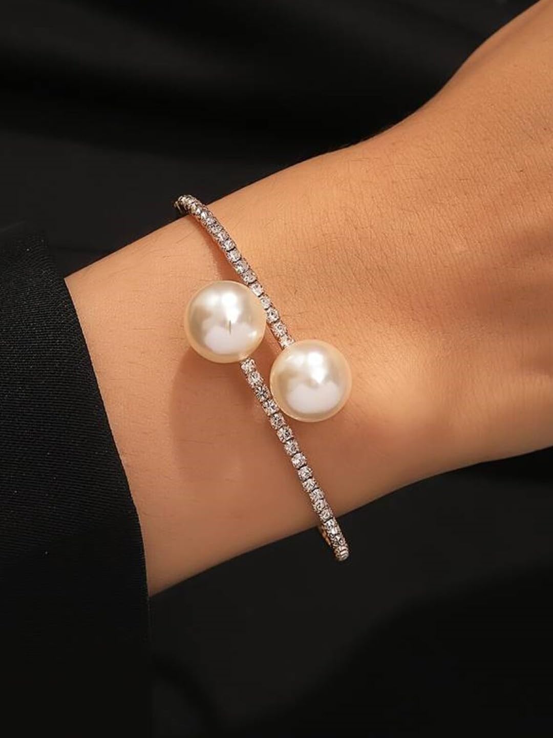 El Regalo Glamorous Pearls & Rhinestone Cuff for Girls & Women- Sleek & Elegant Pearls Bracelet