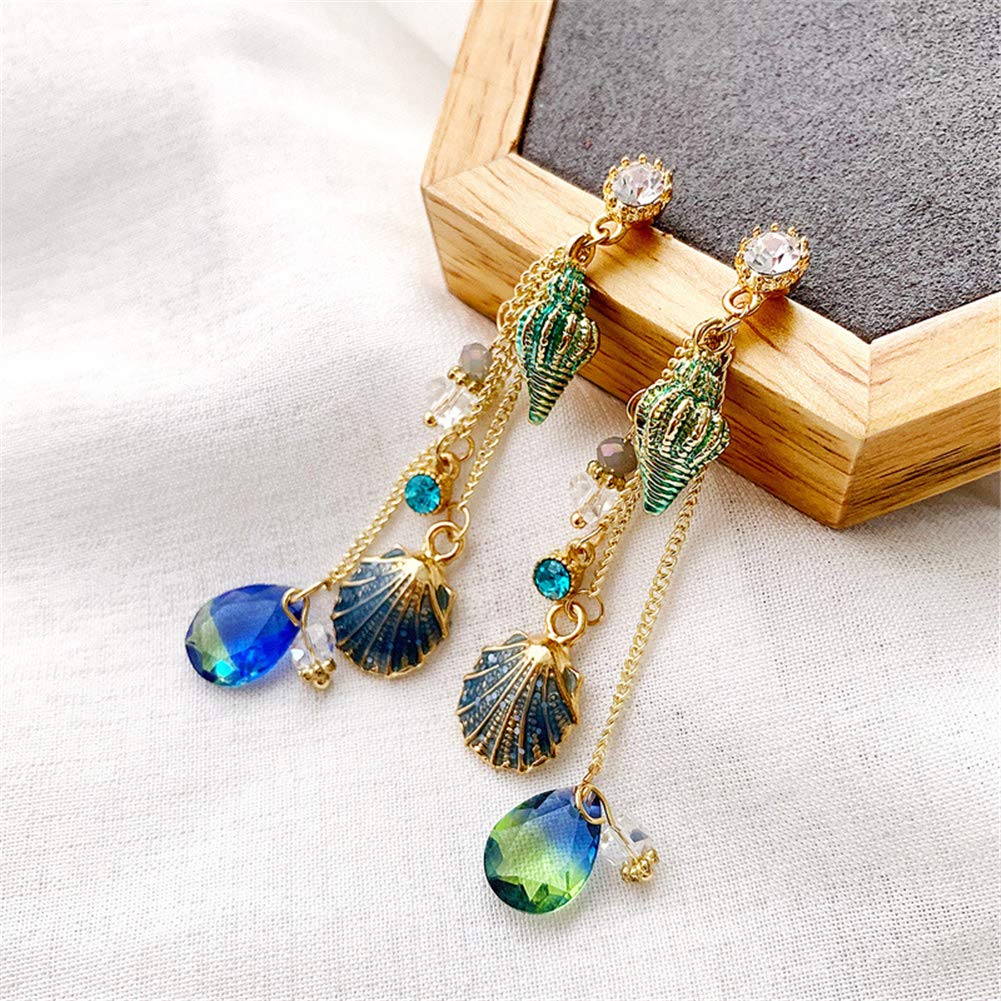 El Regalo Sparkly Bohemia Long Tassel Blue Ocean Shell Dangle Earrings Shine Rhinestone Scallop Beach Earrings For Women Girls Charm Statement Colorful Crystal Jewelry (Blue)