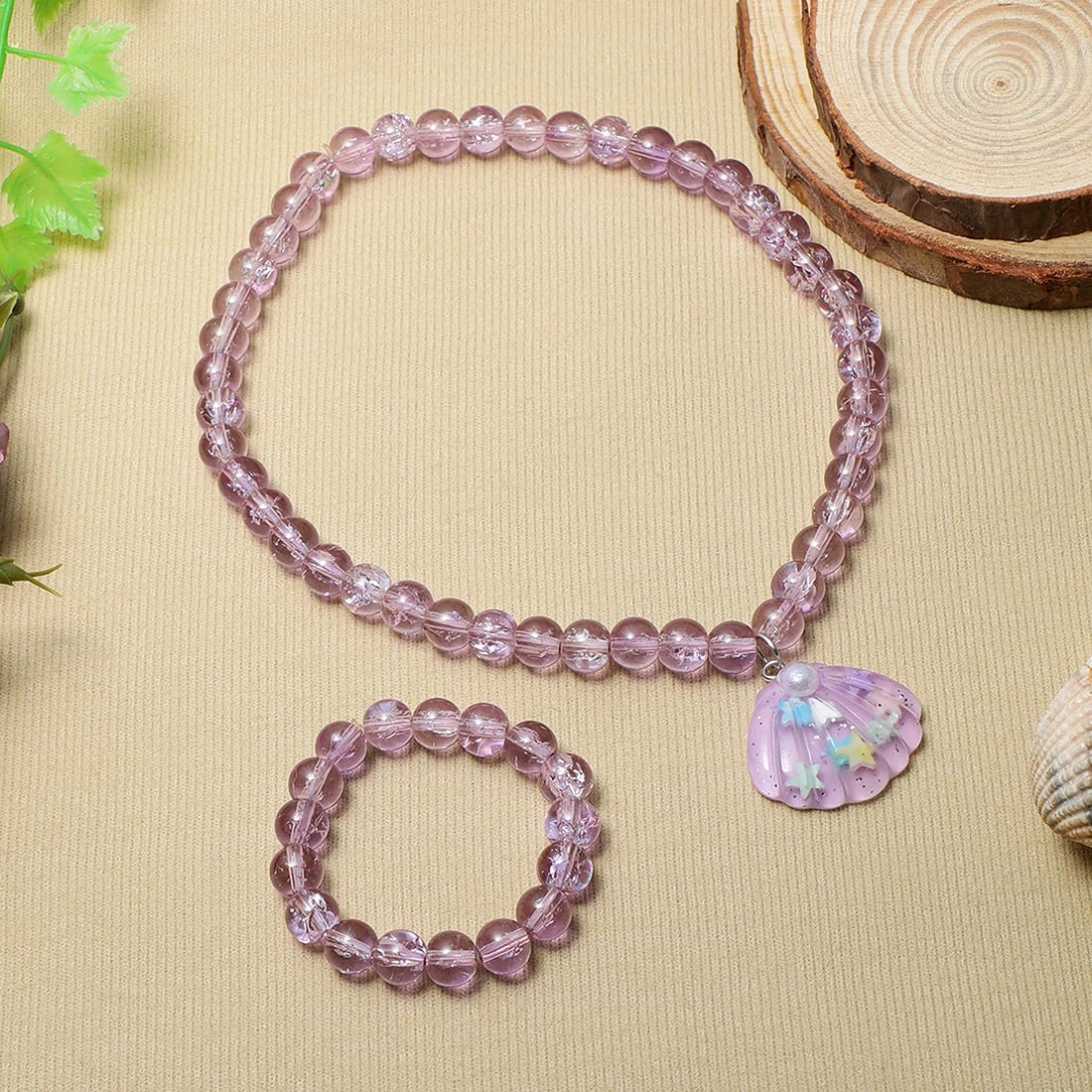 El Regalo 2 PCs Resin Shell Pendant Colorful Sparkly Crackle Beads Pendant Necklace & Bracelet Set for Kids/Girls- Christmas/Birthday Gift for Girls Kids (Purple)