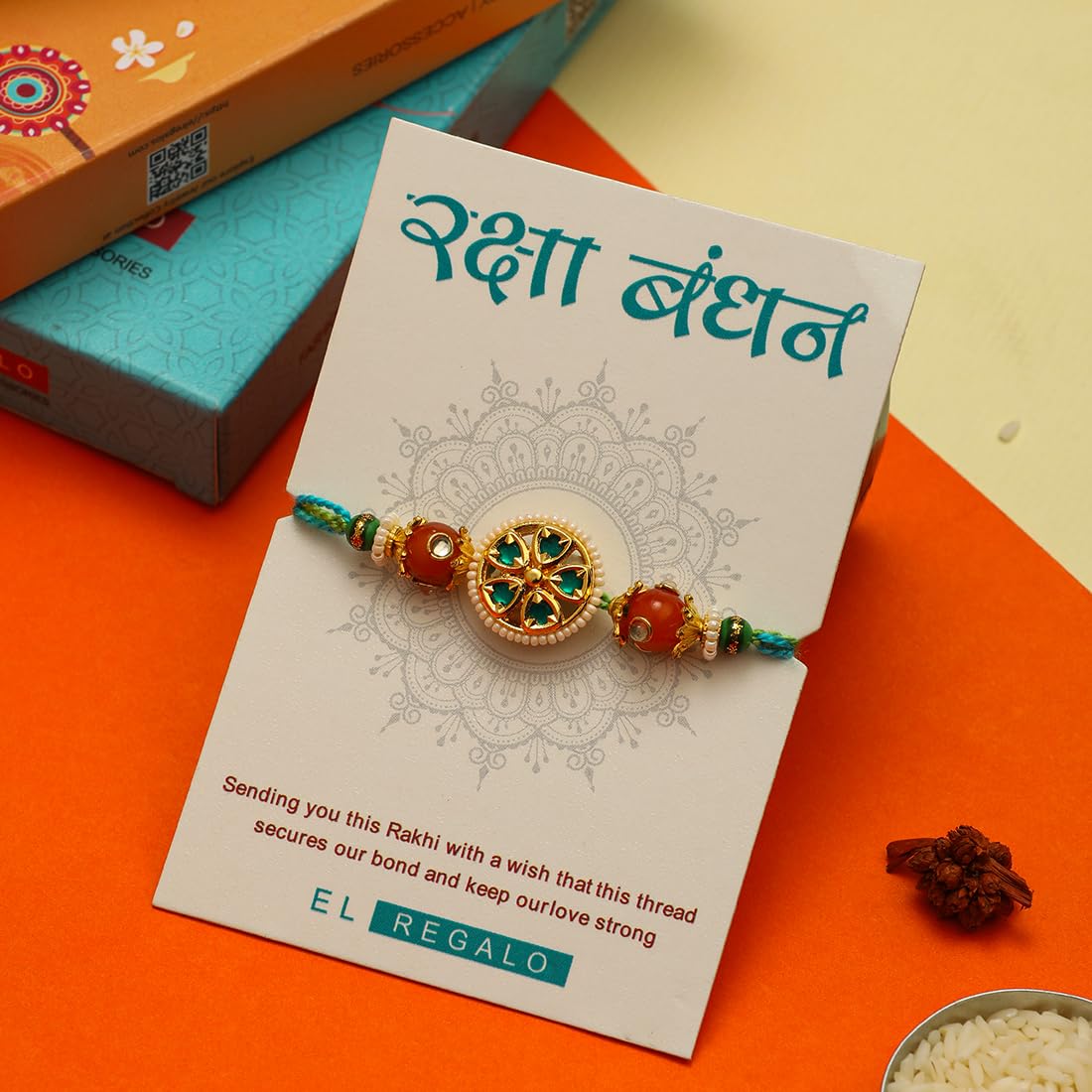 El Regalo Designer 1 PC Pearl, Kundan, Meena work Rakhi for Brother- Fancy Rakhi for Brother with Roli Chwal, Rakhi Message Card in Rakhi Box