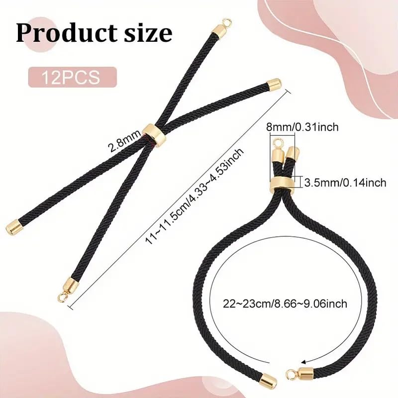 El Regalo 12-Pack Adjustable Nylon Twisted Cord Bracelets with Brass Findings for Jewelry Making - Slider Bracelet Bases, Round Black, Elastic Drawstring Design for DIY Crafts (Black)