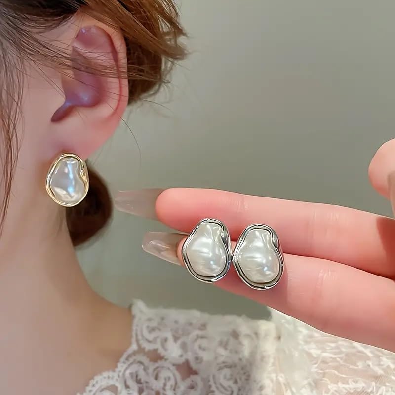 El Regalo Womens Classic Baroque Faux Pearl Stud Earrings, Elegant French Style, Irregular Pearl Stud Earrings- Elegant Vintage Style Irregular Geometric (Abstract Silver Pearl)