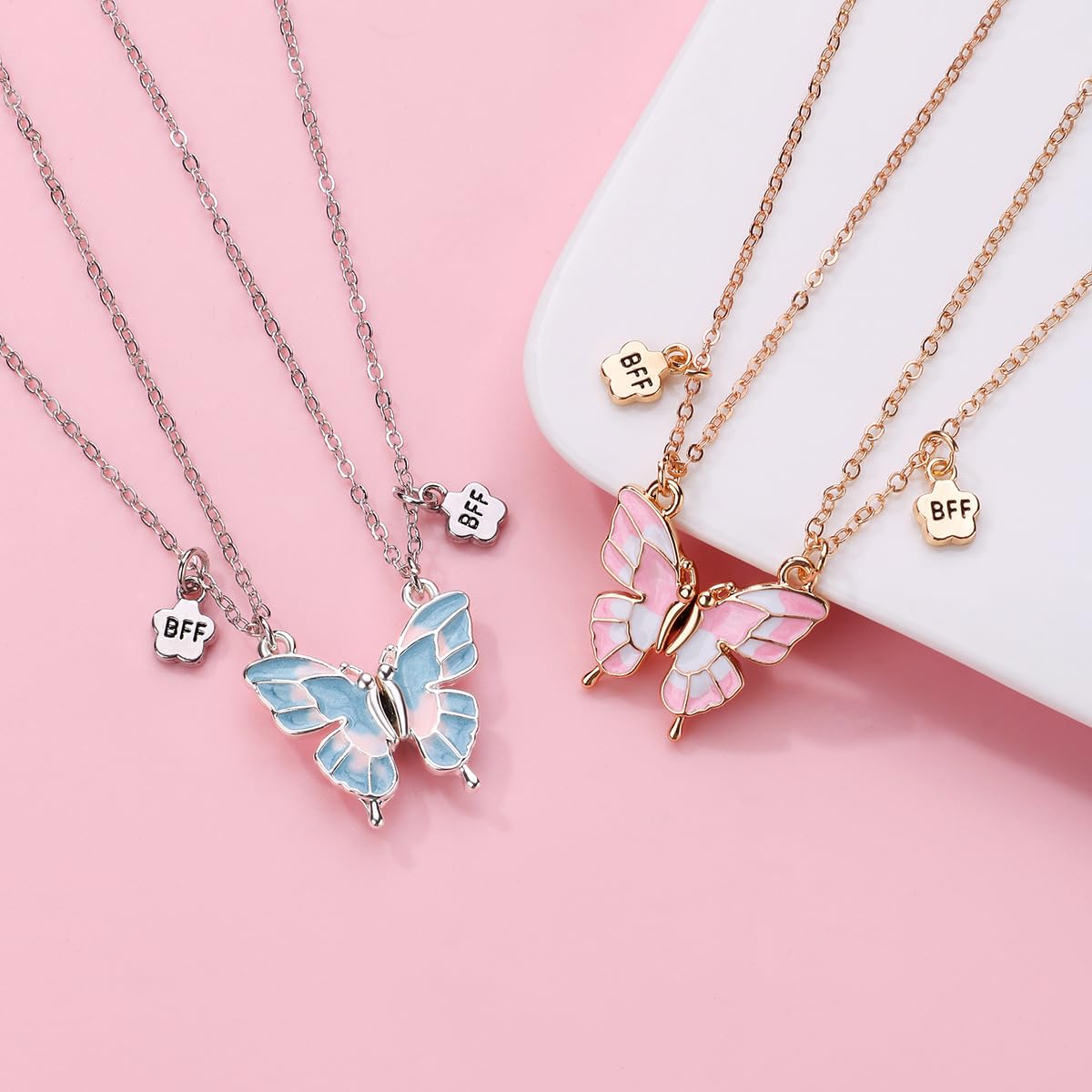 El Regalo 2 PCs BFF Best Friend Forever Butterfly Split Magnetic Matching Pendant Necklaces Set- Friendship Day Gift for Girls/Kids/Teens (Pink Butterflies Golden)