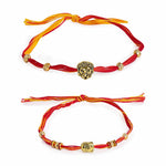 El Regalo 2PCs Red & Yellow Moli Thread Rakhi Combo Set for Brother- Auspicious OM, Ganesha, Satiya, Lion etc. Mauli Rakhi with Roli Chawal Shagun, Message Card in Rakhi Gift Box (Option-3)