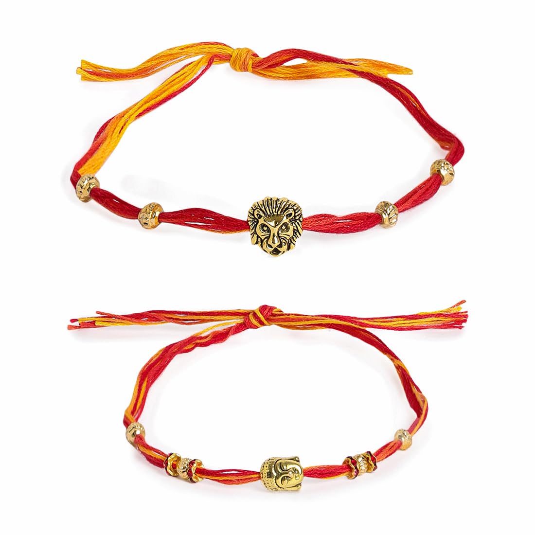El Regalo 2PCs Red & Yellow Moli Thread Rakhi Combo Set for Brother- Auspicious OM, Ganesha, Satiya, Lion etc. Mauli Rakhi with Roli Chawal Shagun, Message Card in Rakhi Gift Box (Option-3)