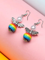 El Regalo Rainbow Angel Wings Pearl Earrings- Cute Small Hook Earrings with Colorful Wings & Elegant Pearls