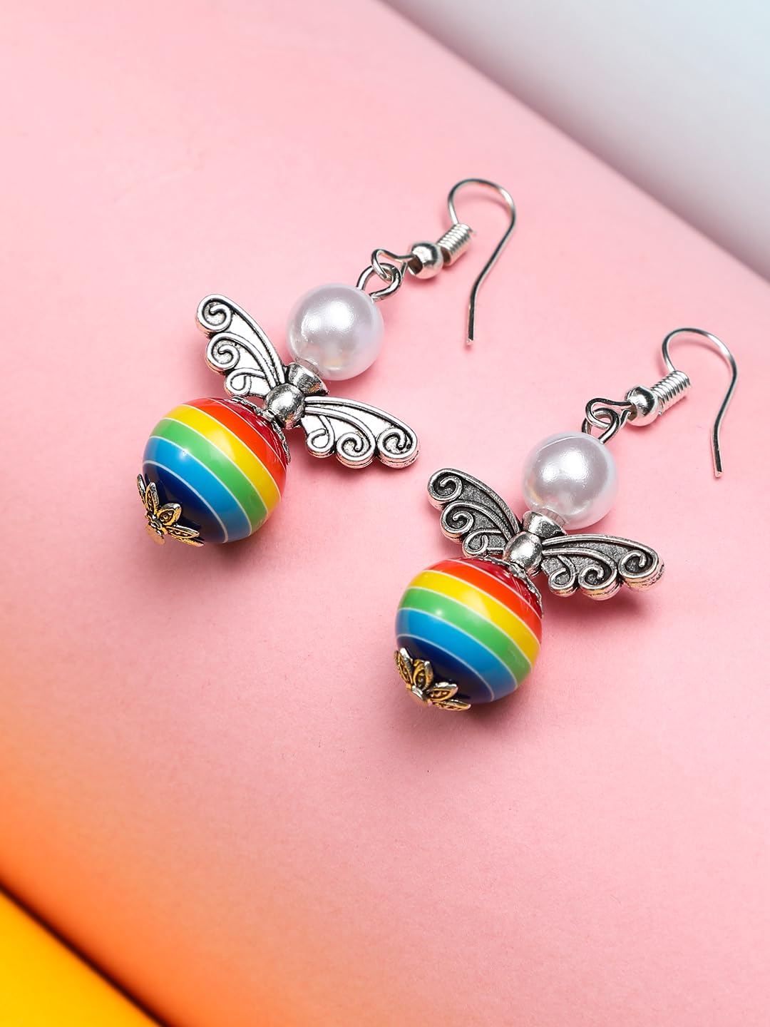 El Regalo Rainbow Angel Wings Pearl Earrings- Cute Small Hook Earrings with Colorful Wings & Elegant Pearls