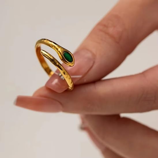 El Regalo Luxury Stainless Steel Snake Finger Ring- Waterproof Adjustable Snake Rings for girls & Women (Green Eye)