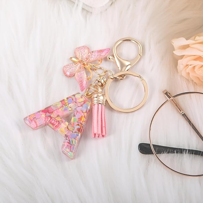 El Regalo Personalized Name Initials Butterfly Charm Keychain - Custom Letter Keyring with Pink Tassel & Butterfly Pendant, Purse, Bag, Backpack Accessory (A Letter)