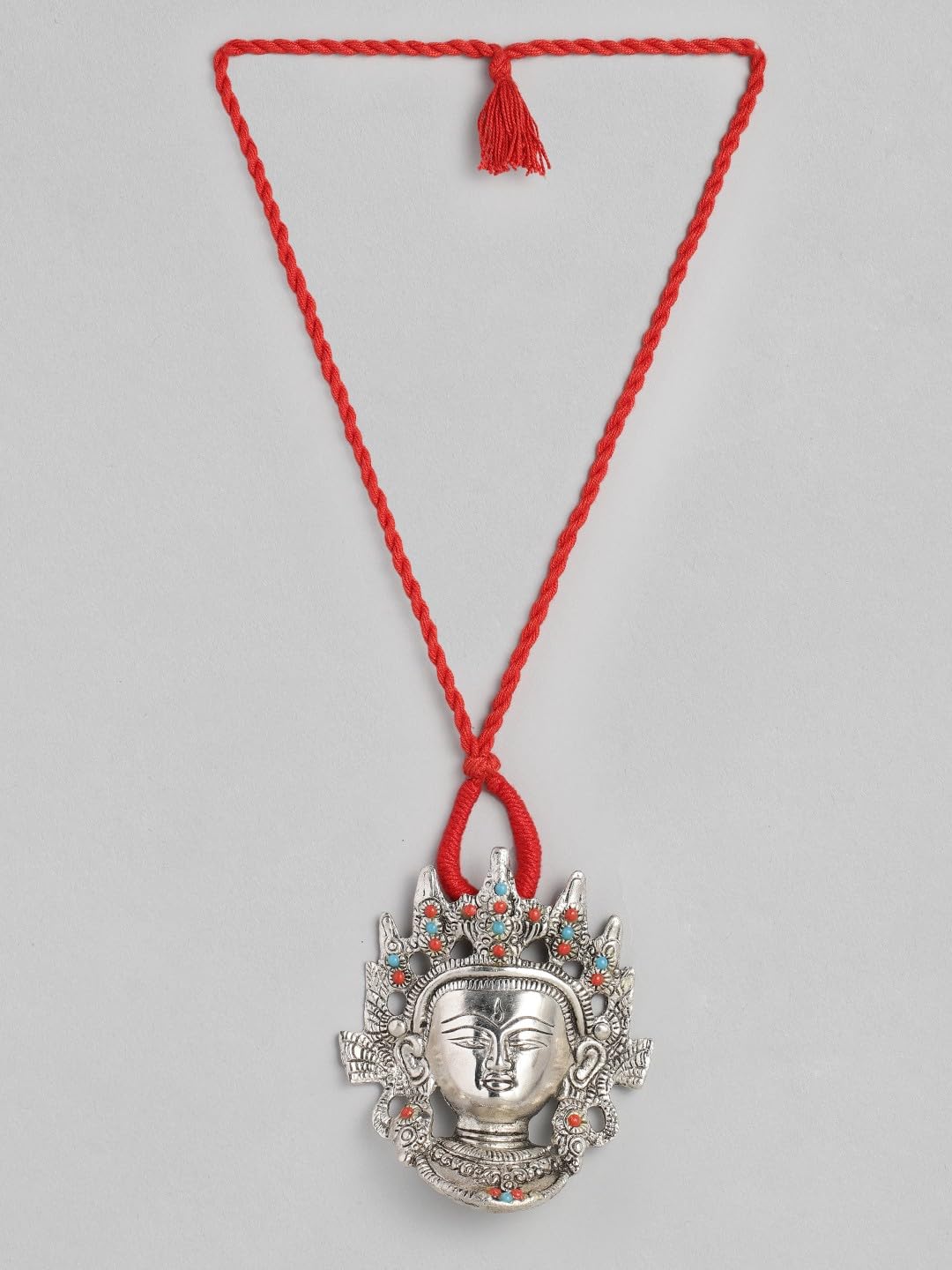 El Regalo Womens Big & Bold Ma Durga Face Pendant Necklace- Handmade Goddess Durga Thread Boho Tribal Neckpiece for Navratri Celebrations (Red)