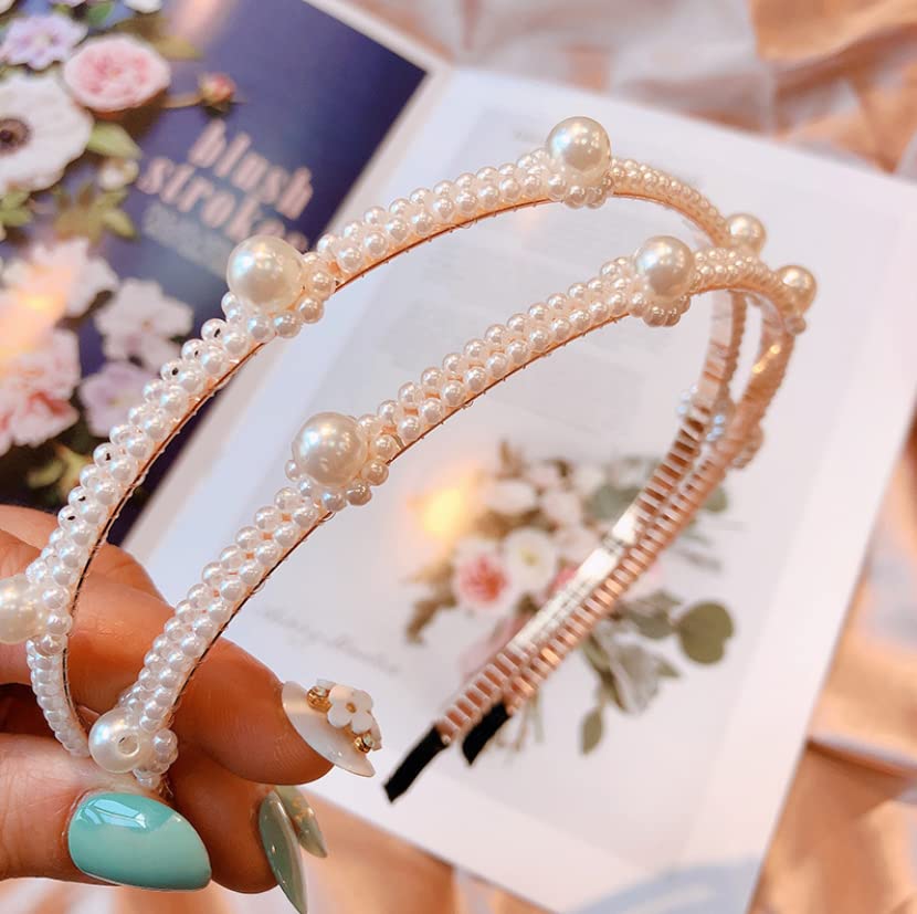 El Regalo 2 PCs Fancy Pearl Hairbands Set for Girls & Women- Bridal Fashion Hairbands for Kids/Girls/Teens or Women