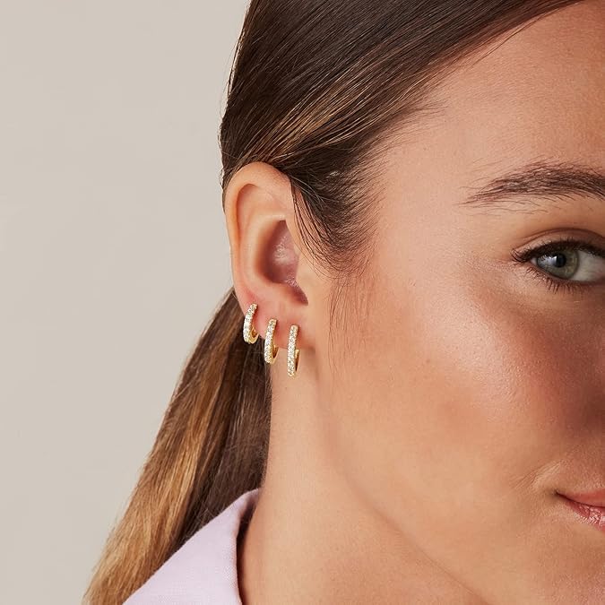El Regalo 3 Pairs Dainty 14K Gold Plated Huggie Hoop Earrings - Small CZ Hoop Earrings Set (8mm, 10mm, 12mm) for Women & Girls, Cartilage & Tragus Earrings