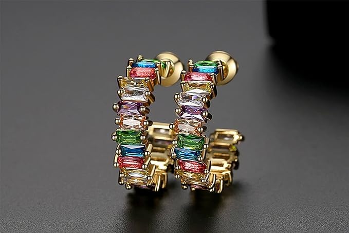 El Regalo Women's & Girl's Luxury Open C Hoop Swarvski Multi-Colored Cubic Zirconia Stainless Steel Hoop Earrings - Fashionable and Glamorous Rainbow Earrings