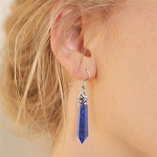 El Regalo Girls Natural Quartz Stones Healing Point Bullet Pencil Point Shape Crystal Chakra Dangle Earrings (Lapis Lazuli)