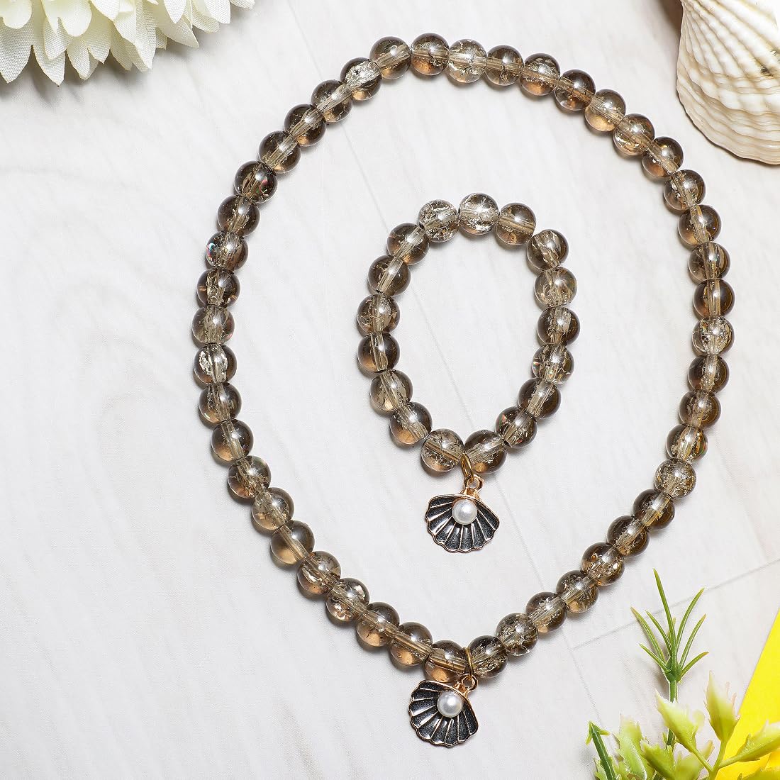 El Regalo 2 PCs Shiny Crackled Beads Kids Girls Necklace & Bracelet Jewelry Sets - Cute Kids Charms Jewelry with Sparkly Beads for Kids/Toddlers Girls (Grey Shell Jewelry)
