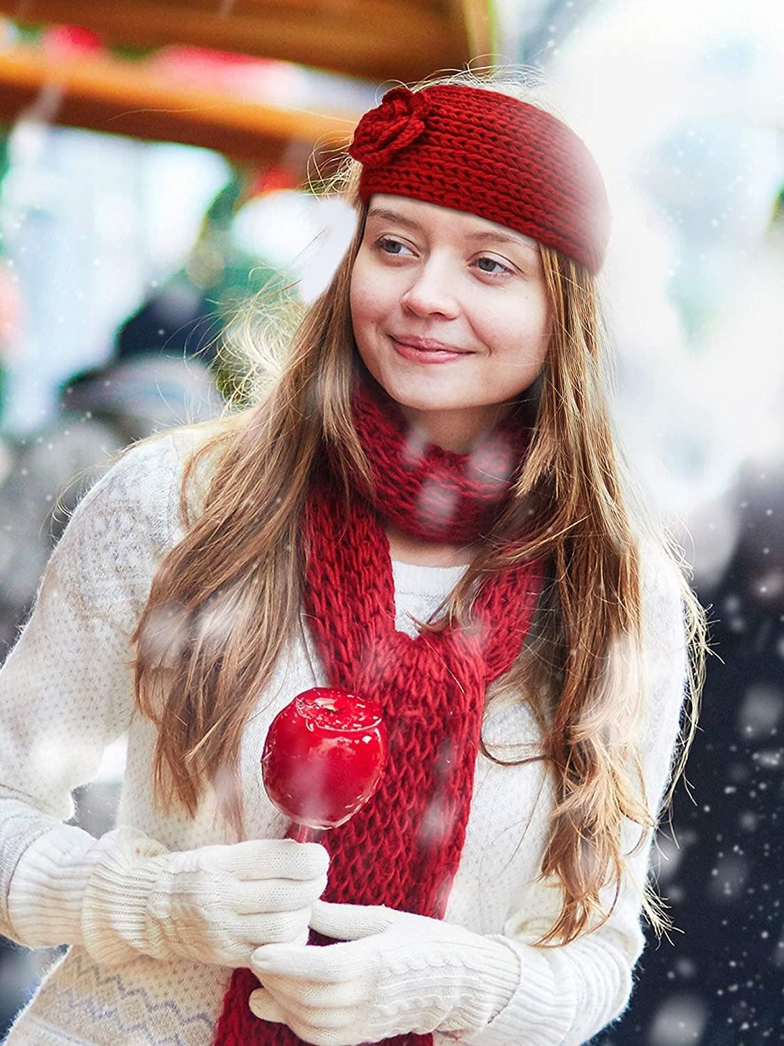 El Regalo's 1PC Winter Crochet Knitted Headwrap Headband with 3D flower & Button for Girls & Women- Ear Warmer Hair Muffs Band | Winter Designer Headbands for Teens & Women (Red)