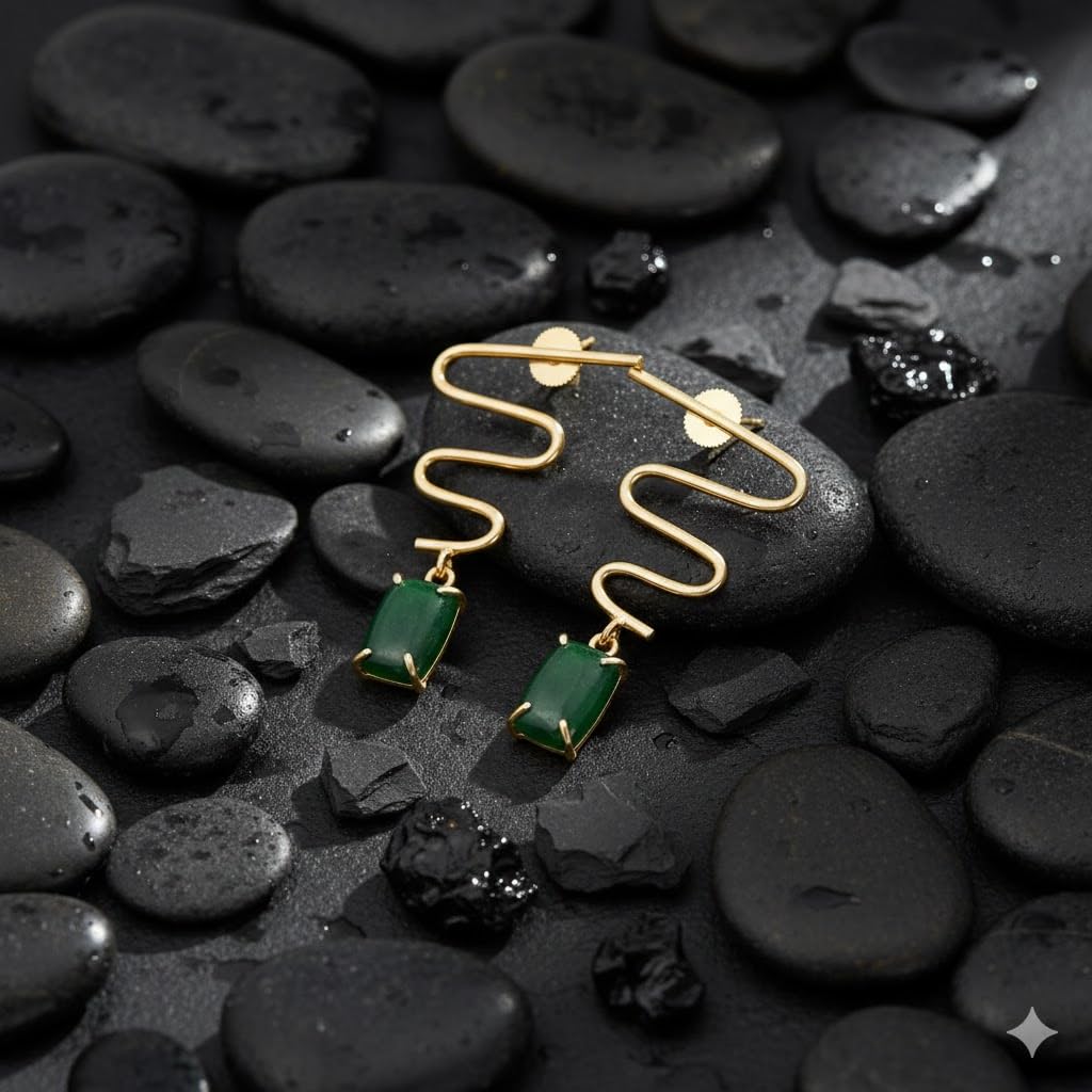 El Regalo Modern Zigzag Brass Statement Drop Earrings for Women & Girls - Contemporary Geometric Handmade Jewelry with Rectangle Stones Drops - Studs for For Western & Ethnic Wear (Emerald Green)