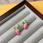 El Regalo Cute & Tiny Pink 3D Tulip Flower CZ Crystal Stud Earrings for Girls & Women