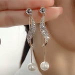 El Regalo Fancy Pearl Earrings- Pearl Zircon Inlaid Dangle Earrings for Girls & Women- Pearl Tassel Long Earrings (Pearl Tassel Ear Jacket)