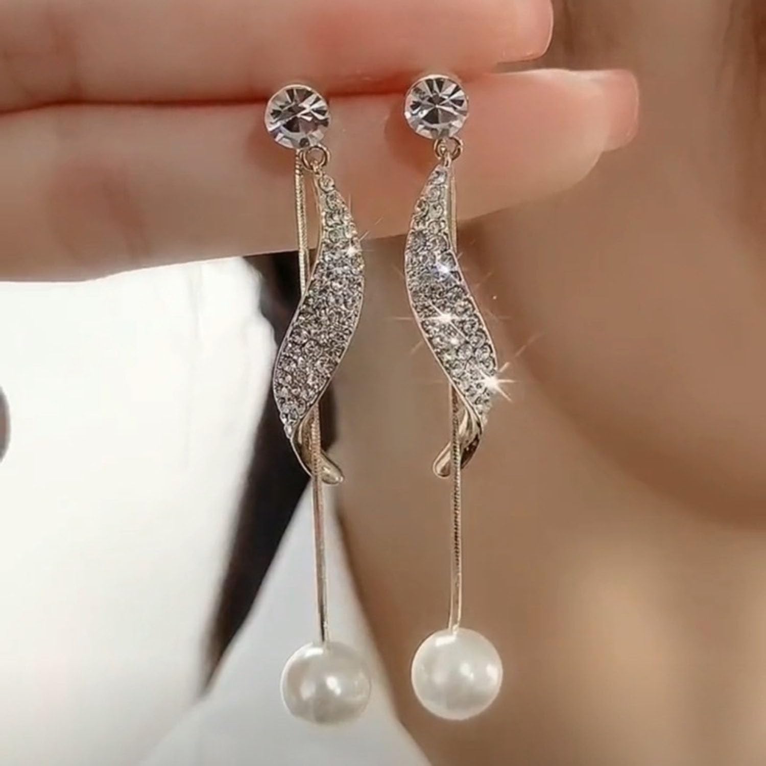 El Regalo Fancy Pearl Earrings- Pearl Zircon Inlaid Dangle Earrings for Girls & Women- Pearl Tassel Long Earrings (Pearl Tassel Ear Jacket)