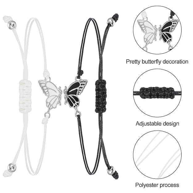 El Regalo 2PCs Butterfly Friendship Bracelets Set for Girls - Adjustable Handmade BFF Strand Bracelets for Best Friends - Symbolic Matching Jewelry for Birthday, Christmas, Graduation, Anniversary (Black & White)