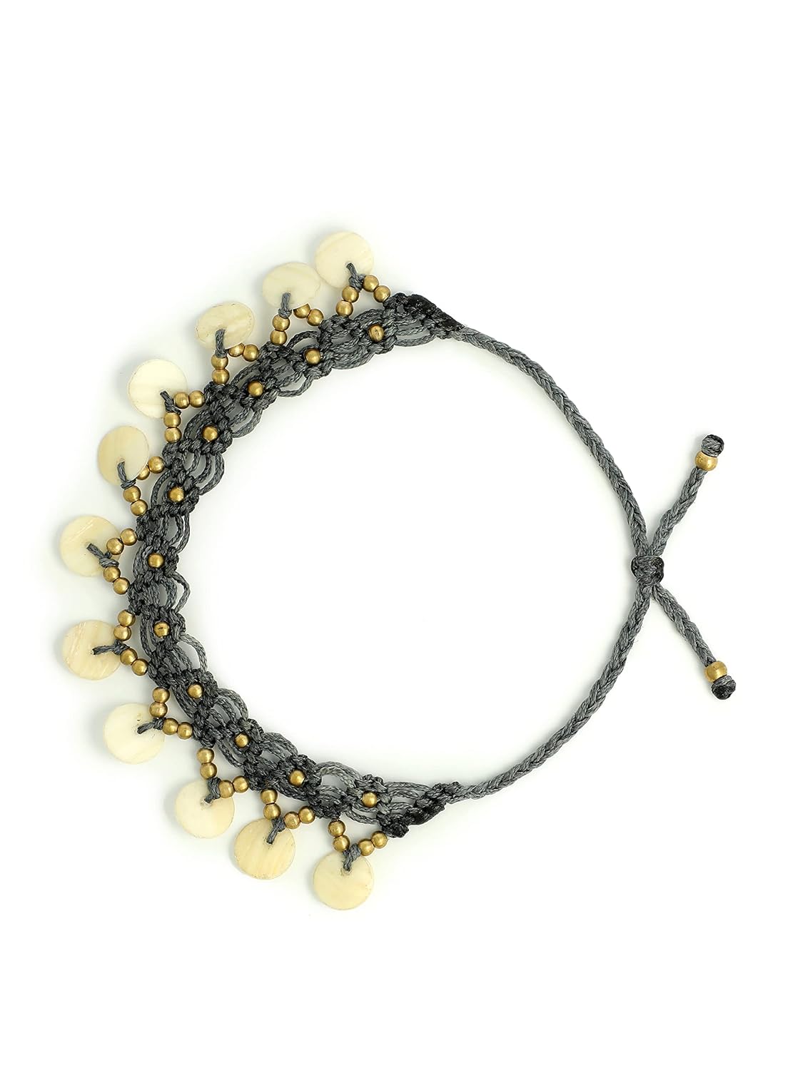 El Regalo 1 PC Boho Anklet- Cowrie Shell & Brass Charms Macrame Adjustable Bead Anklet for Girls & Women- 1 Leg Fashion Barefoot Anklets (Grey Flat Shell Anklet)