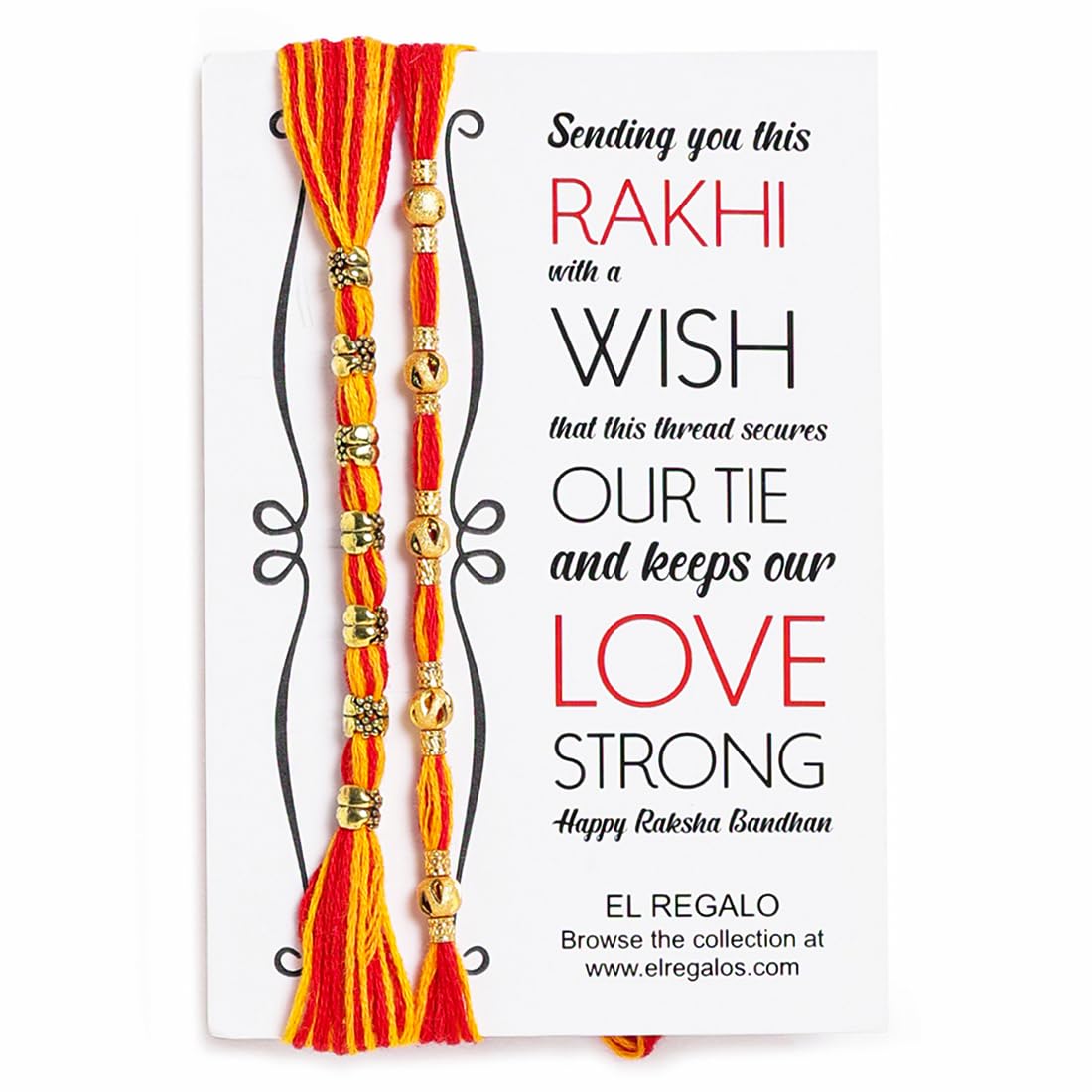 El Regalo 2PCs Red & Yellow Moli Thread Rakhi Combo Set for Brother- Auspicious OM, Ganesha, Satiya, Lion etc. Mauli Rakhi with Roli Chawal Shagun, Message Card in Rakhi Gift Box (Option-5)