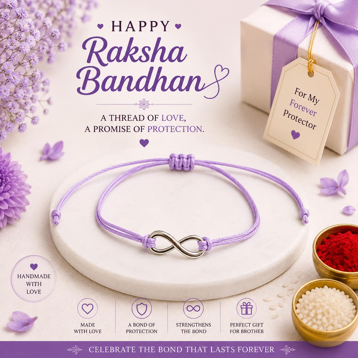 El Regalo 1PC Minimalist Infinity Rakhi for Brother- Simple Infinity Rakhi with Roli Chawal, Rakhi Message Card in Rakhi Gift box for Brother (Purple)